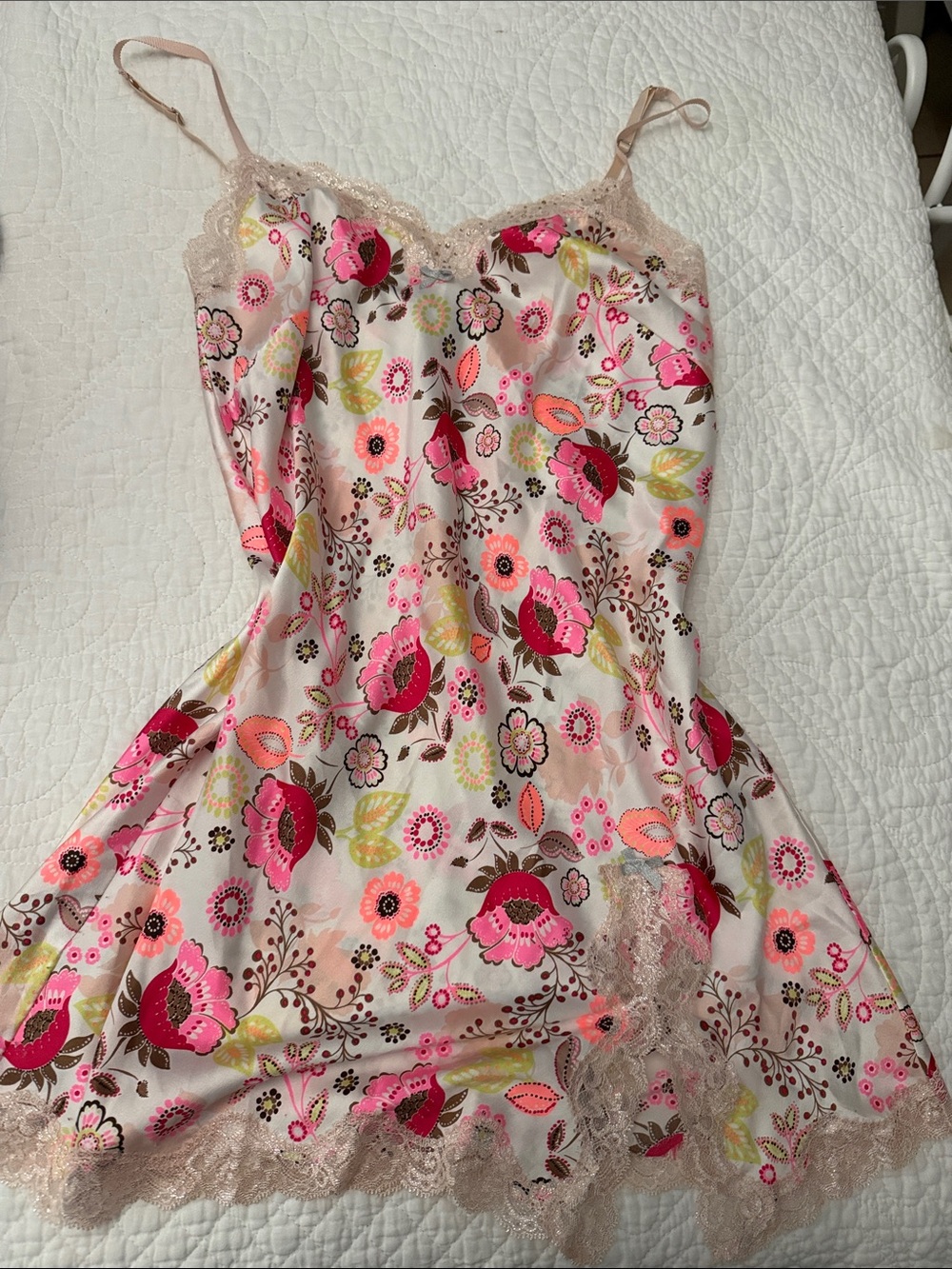 Victoria's Secret Pink Floral Lace-Trim Satin Chemise